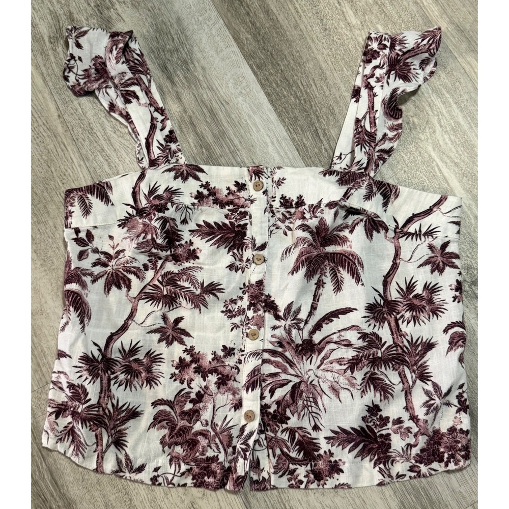 LC Lauren Conrad Palm Tree Toile Ruffle Strap Button Front Crop Top Purple White